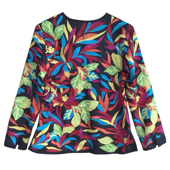 Chico’s Artsy Appliqué Multi Color Floral Silk Jacket - Picture 2 of 10